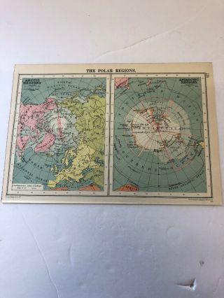Antique 1930 Map: The Polar Regions 90 Years Old Arctic & Antarctic Regions
