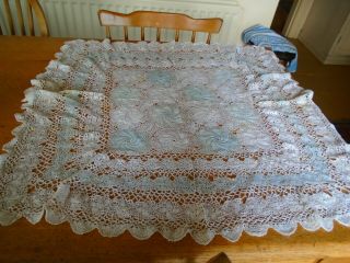 Antique Early 20th Century Fine Lace Table Topper - Blue / White - 28 Inches Squ