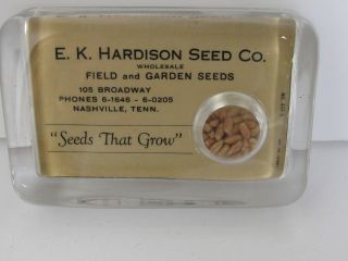 Antique Harrison Seed Co.  Glass Advertising Paperweight With Seeds Nashville
