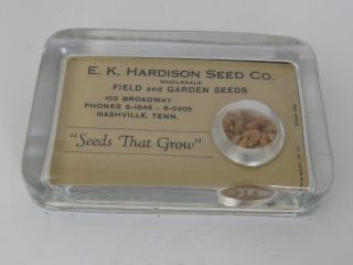 Antique Harrison Seed Co.  Glass Advertising Paperweight with Seeds Nashville 3