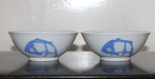 2 X 100 Hand Painted 5 " C20th Chinese B/w Koi Carp Fish Coupe Bowls 1