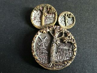 Set Of 3 Sizes Antique Victorian Picture Buttons Metal Brass Oak Tree Windmill