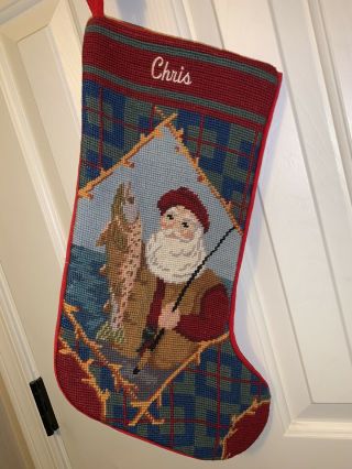 Rare Vintage Wool Needlepoint Christmas Stocking Fishing Santa W/ Salmon “chris”