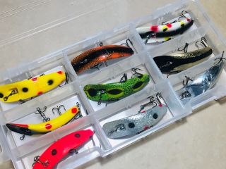 9 X Vintage Lures,  Helin Flatfish X4,  Some Rare Colours,  Made In Usa 1970s