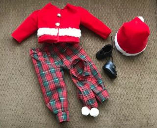 Vtg Doll Clothes Red Plaid Pants Scarf Santa Top Cap Shoes 16” Doll