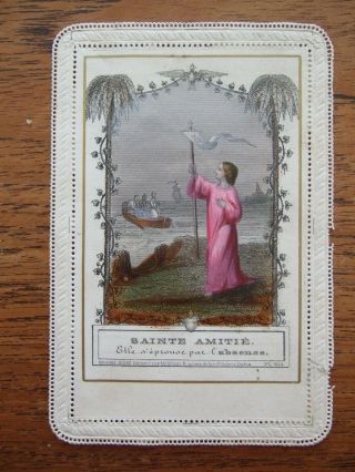 Antique Holy Lace Card – 214 “sainte Amitie.  Elle S’eprouve Par L’absence”.  A47