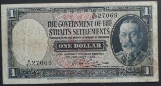 Rare 1935 Straits Settlements Government $1 King George V Banknote P 166 F