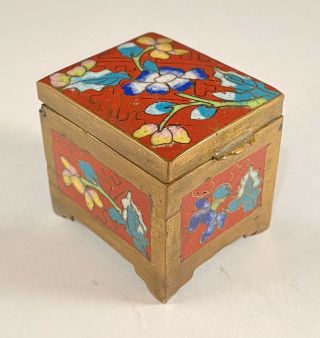 Antique 19thc Chinese Cloisonné Enamel Footed Flower Floral Hinged Stamp Box