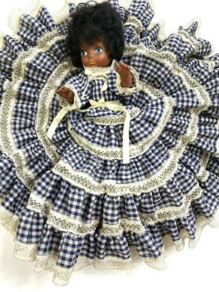 Brown Rubber Doll Jointed Blue White Check Dress Slip Shoes Pants Vintage