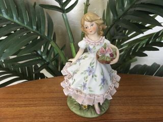 Rare Vintage Lefton Girl With Basket Of Flowers Porcelain Bisque Figurine