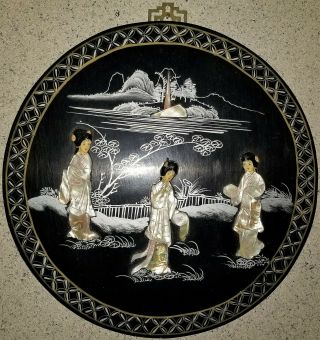 100 Auth 2 Vintage Geisha Chinese Mother Of Pearl Round Black Lacquer Wall Panel