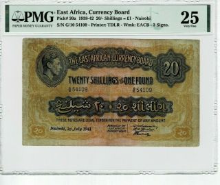 East Africa P 30a 1942 20 Shillings / 1 Pound Pmg 25 Very Fine Rare