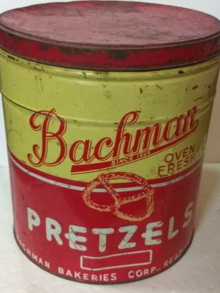 Antique Vintage Large Advertising Bachman Pretzel Tin Reading Pa Bachman Bakers