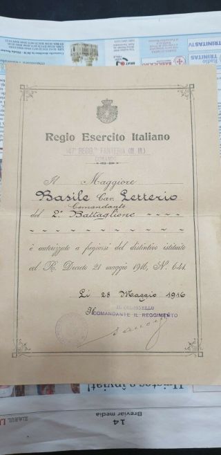 Top Rare Italy Italian General Ww1 Veteran Military Regimental Badge Award Doc B