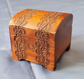 Antique Small Wooden Chest/ Trunk - Shaped Box.  Decorative Marking.  Keepsakes Gift