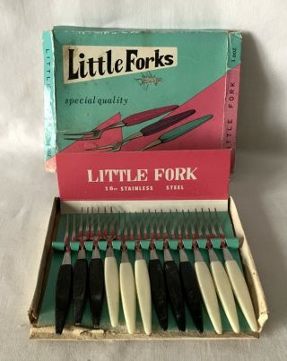 Vintage Box Of 12 X Little Forks - Cocktail Party Cutlery.  Black / White Handles
