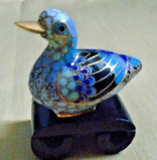 Vintage Chinese Cloisonne Miniature Duck On Wood Stand