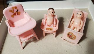 Vintage Renwal Plastic Dollhouse Furniture - Crib,  Potty,  High Chair & 2 Babies