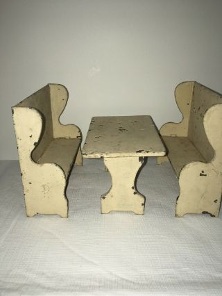 Antique Vintage Arcade Dollhouse Cast Iron Table 2 High Back Bench Set