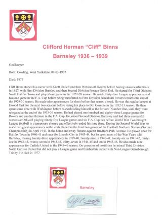 Cliff Binns Barnsley 1936 - 1939 Rare Hand Signed Cutting/card