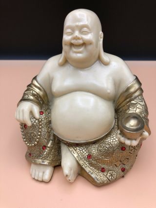 Vintage Painted Porcelain Happy Buddha 7 " Figurine With Gold Jewelled Robe