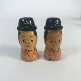Vintage Small Wooden Peppy And Salty Salt And Pepper Shaker Set