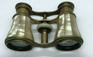 Old Antique Mother Of Pearl & Brass Opera Glasses W Leather Case 1900 