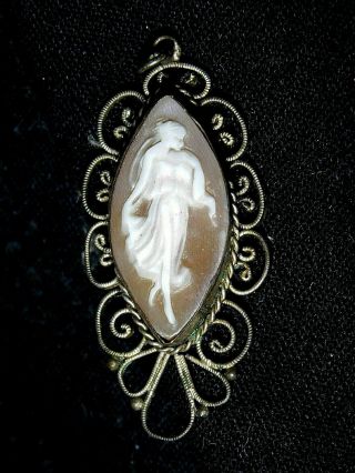 Antique Cameo Pendant Full Body Woman In Flowing Robe Silver Plate Mount Vintage
