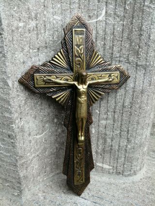 Antique Vintage Art Deco Priests Nun Room Bronze Wall Cross Jesus Christ Copus -