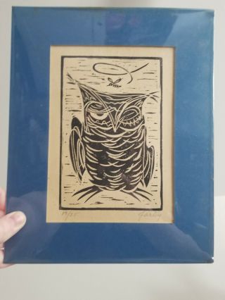 Vintage Owl And Bee Block Print Linocut Art Signed Farley Numbered 19/25 Matted