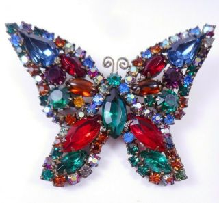 Vtg Unsigned Weiss Rare Fruit Salad Jewel Tone Rhinestone Butterfly Brooch