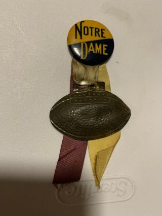 Vintage 1940s Notre Dame Pin Button With Ribbons & Tin Football Charm Rare