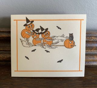 Vintage Halloween Invitation Rare Jack - O - Lanterns Owl Riding Broom