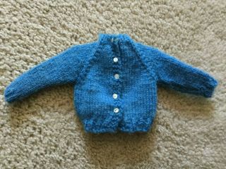 Barbie Doll Sweater Cardigan Vintage Solid Blue Tiny White Buttons Metal Snaps