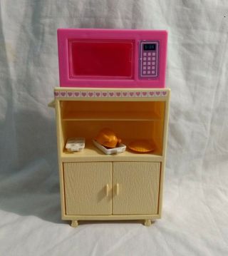 Vintage Barbie Microwave Oven W/ Stand - Storage Cart And Accessories - Cute