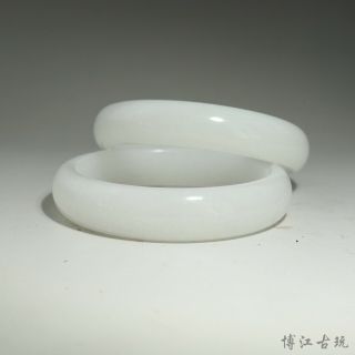 Collectable Chinese Old Jade Hand - Carved Smooth Texture A Pair Noble Bracelet 3