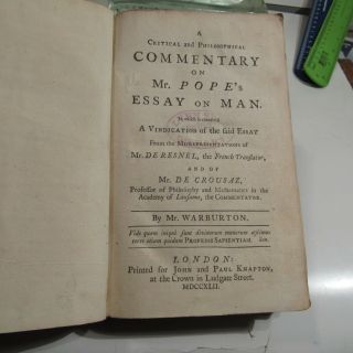 PHILOSOPHICAL COMMENTARY ON ALEXANDER POPES ESSAY ON MAN/ 1742/ RARE 1st Edition 3