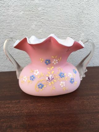 Magnificent Victorian Antique Pink Cased Enamel Double Handle Art Glass Basket