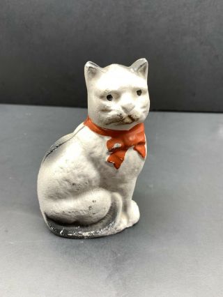 Vintage Cast Iron Kitty Cat Piggy Bank With Red Bow Antique Cat Bank