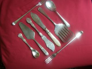 8 Items Antique Vintage Silver Plate Serving Cutlery 1 Mother Of Pearl Handle