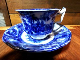 Antique Flow Blue Cup And Saucer Palm Trees
