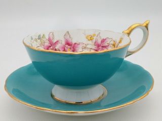 Antique Aynsley Bone China Turquoise Blue Gold Pink White Flowers Teacup Saucer