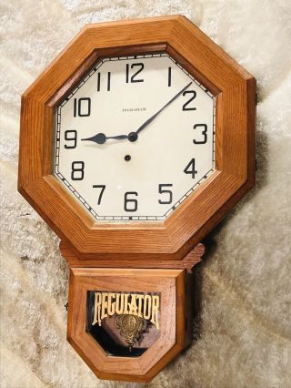 Rare Vintage Antique Usa Ingraham Keywound Clock W Solid Oak Case & Pendulum