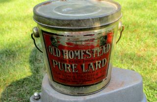 Rare Vintage Old Homestead Lard Tin Can Bucket Pail Advertising Des Moines Iowa