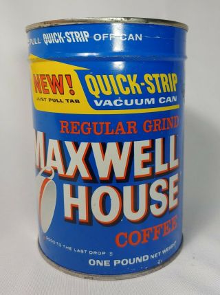 Antique Vintage Maxwell House  Quick Strip Top Coffee Tin Can 1 Lb.  W/ Lid
