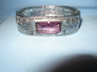 Antique Victorian J.  H.  P.  Silver Filagree Expandable Hinged Bangle Bracelet Purple