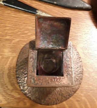 Arts and Crafts Hammered Copper Inkwell with glass insert - Marked 