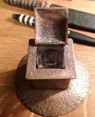 Arts and Crafts Hammered Copper Inkwell with glass insert - Marked 