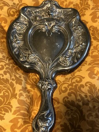 Antique Art Nouveau Large Hand Mirror Engraved W/ Maiden Face & Flower