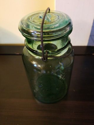 Antique Green Quart Ball Ideal Mason Fruit Canning Jar Pat 
